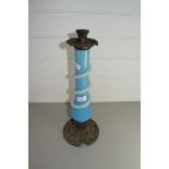 19TH CENTURY CANDLE HOLDER WITH BLUE GLASS STEM AND BASE METAL FOOT