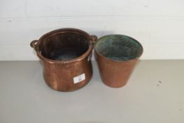 SMALL COPPER POT WITH LOOP HANDLE TOGETHER WITH A COPPER JARDINIERE