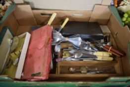 BOX OF CASED AND LOOSE SILVER PLATED AND STEEL CUTLERY