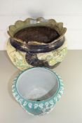 VICTORIAN LARGE FLORAL DECORATED JARDINIERE (A/F) TOGETHER WITH A FURTHER SMALL TURQUOISE AND