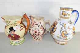GIEN FAIENCE TYPE JUG PLUS A CROWN DEVON JUG AND ONE OTHER (3)