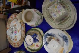 MIXED LOT OF CERAMICS TO INCLUDE FLORAL DECORATED MEAT PLATES, SHAVING MUGS, BUTTER DISH ETC