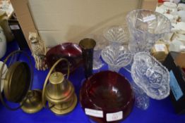 MIXED LOT OF GLASS VASES, BRASS MINIATURE GONG, BRASS BELL ETC