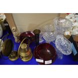 MIXED LOT OF GLASS VASES, BRASS MINIATURE GONG, BRASS BELL ETC