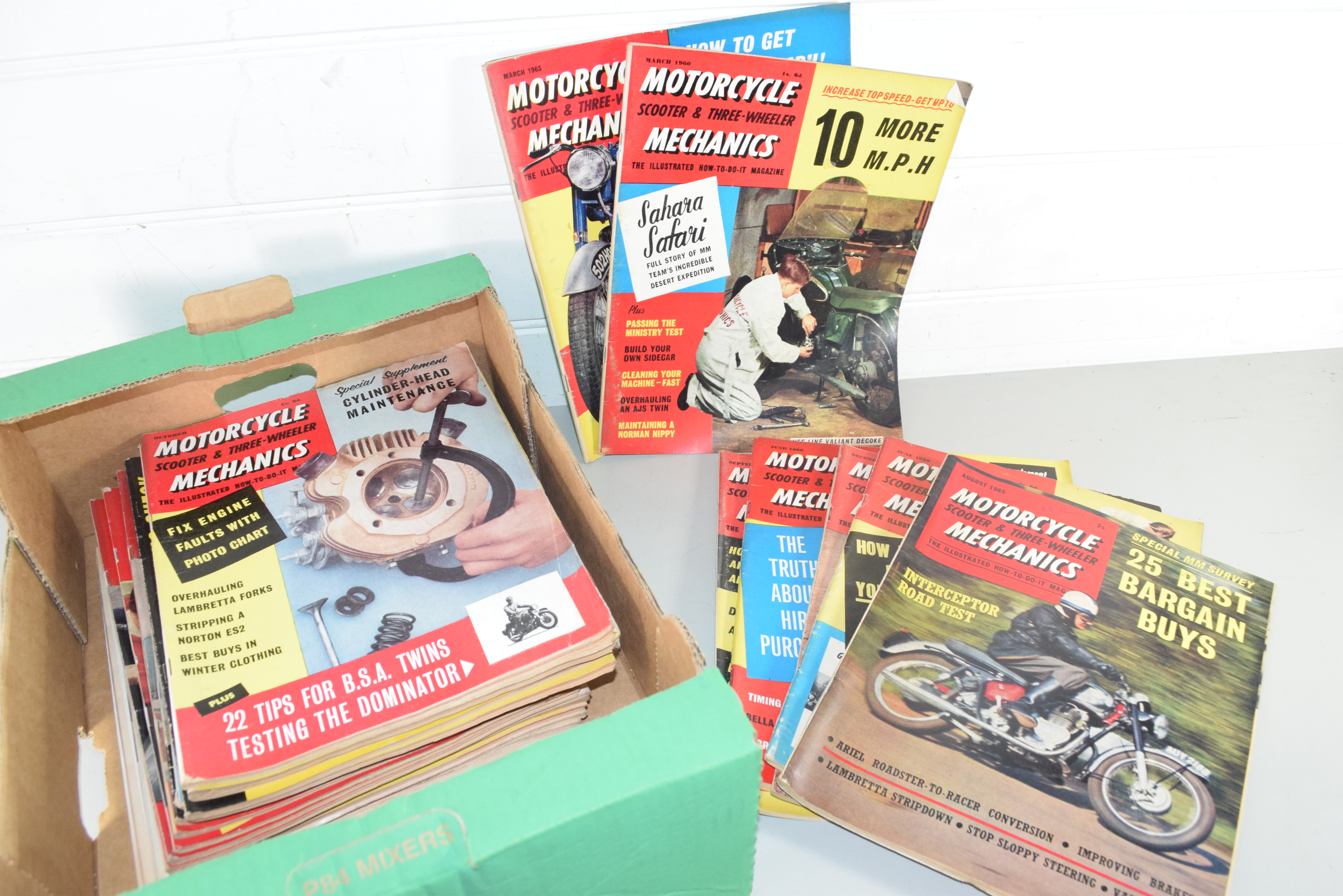 BOX OF MOTORCYCLE SCOOTER AND THREE WHEEL MECHANICS MAGAZINES