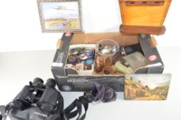 BOX OF MIXED ITEMS TO INCLUDE VARIOUS COSTUME JEWELLERY, NAPKIN RINGS, POCKET WATCHES ETC