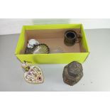 BOX CONTAINING MIXED ITEMS TO INCLUDE SHELL FORMED BUTTER DISH, CHINESE OCTAGONAL BASE METAL TEA