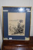 INDISTINCTLY SIGNED BLACK AND WHITE STUDY COUNTRY VIEW WITH FLOWERS IN FOREGROUND, F/G, 43CM HIGH