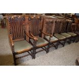 SET OF SIX EARLY 20TH CENTURY OAK BARLEY TWIST FRAMED DINING CHAIRS COMPRISING TWO CARVERS AND