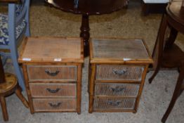 PAIR OF SMALL BAMBOO FRAMED THREE-DRAWER BEDSIDE CABINETS, 37CM WIDE