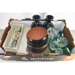 BOX CONTAINING VARIOUS MIXED CUTLERY, DRINKING GLASSES, PAIR OF VICTORIAN BLACK GLAZED VASES ETC