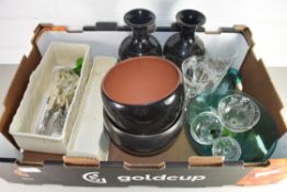 BOX CONTAINING VARIOUS MIXED CUTLERY, DRINKING GLASSES, PAIR OF VICTORIAN BLACK GLAZED VASES ETC