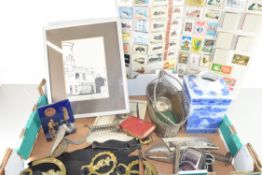 BOX OF FRAMED PICTURE 'SOLE BAY IN SOUTHWOLD', RINGTONS BLUE AND WHITE TEA CANISTER, HORSE BRASSES
