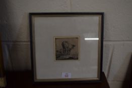 SMALL 19TH CENTURY ENGRAVING OF TWO CATTLE, F/G, 28CM WIDE