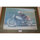 MOTORCYCLE INTEREST: LES GRAHAM 500 AJS PORCUPINE, COLOURED PRINT, FRAMED AND GLAZED, 53CM WIDE