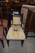 PAIR OF LATE 19TH CENTURY SIDE CHAIRS WITH UPHOLSTERED SEATS AND BACKS AND EBONISED FRAMES