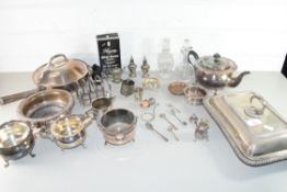 MIXED LOT OF SILVER PLATED WARES, ENTRÉE DISH, TEA SET, CRUET ITEMS, BOTTLE STAND, CHAFING DISH,