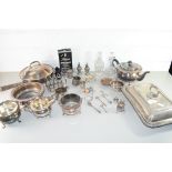 MIXED LOT OF SILVER PLATED WARES, ENTRÉE DISH, TEA SET, CRUET ITEMS, BOTTLE STAND, CHAFING DISH,