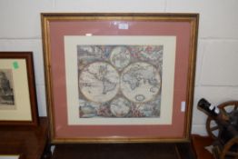 AFTER CORNELIUS DANCKERTS (1664-1717) AMSTERDAM, COLOURED MAP OF THE WORLD, F/G, 65CM WIDE