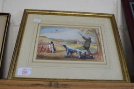 DONALD BALL, WATERCOLOUR STUDY, SHOOTING SCENE, FRAMED AND GLAZED, TOGETHER WITH A FRAMED COLOURED