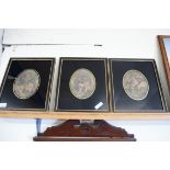 SET OF THREE 19TH CENTURY COLOURED ENGRAVINGS, CLASSICAL SCENE IN GILT AND EBONISED FRAMES