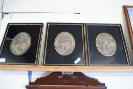 SET OF THREE 19TH CENTURY COLOURED ENGRAVINGS, CLASSICAL SCENE IN GILT AND EBONISED FRAMES