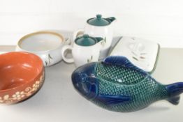 MIXED LOT TO INCLUDE DENBY GREEN WHEAT VEGETABLE DISHES, HOT WATER JUG, FISH SHAPED SOUP TUREEN
