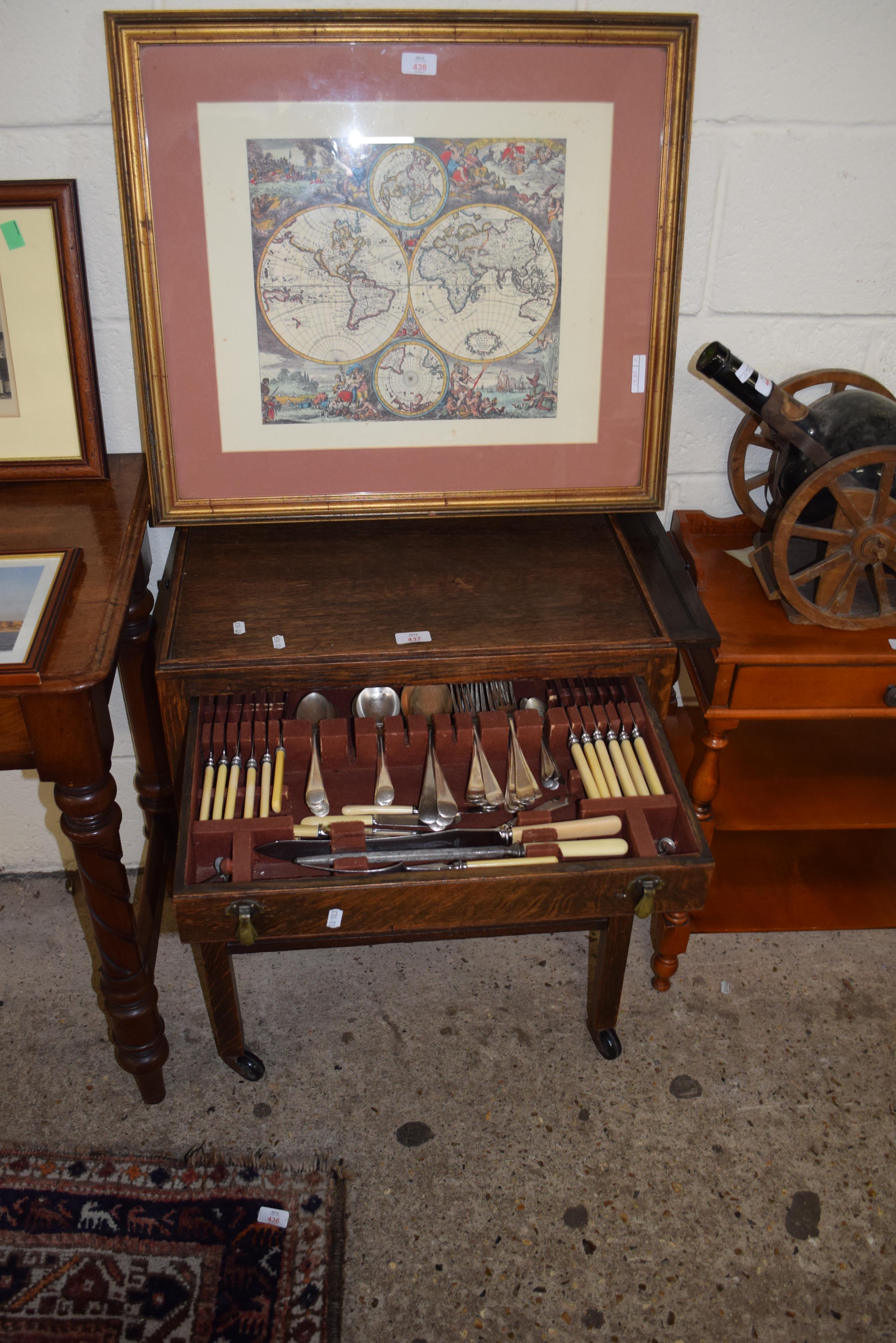 EARLY 20TH CENTURY OAK CUTLERY CANTEEN CONTAINING STEEL AND SILVER PLATED CUTLERY, 56CM WIDE