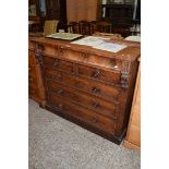 VICTORIAN MAHOGANY CHEST OF TWO SHORT AND FOUR LONG DRAWERS WITH TURNED KNOB HANDLES AND APPLIED