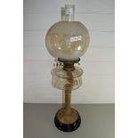 LATE VICTORIAN OIL LAMP WITH FROSTED GLASS SHADE, CLEAR GLASS FONT AND BRASS RIBBED STEM AND