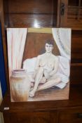 CONTEMPORARY BRITISH SCHOOL STUDY OF A FEMALE NUDE, OIL ON BOARD, 61CM HIGH UNFRAMED