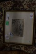 SMALL PENCIL DRAWING - CATTLE WATERING, UNSIGNED, FRAMED AND GLAZED, 26CM WIDE MAX