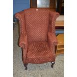 MODERN WING BACK ARMCHAIR ON CABRIOLE LEGS, 115CM HIGH