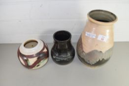 THREE STUDIO POTTERY VASES, TWO MARKED "ARK"