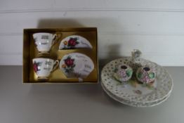 MIXED LOT OF BOXED GOLDEN WEDDING ANNIVERSARY CUPS AND SAUCERS, FLORAL ENCRUSTED VASES, FLORAL