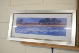 MODERN PRINT 'BLUE FIELDS', FRAMED AND GLAZED, 80CM WIDE