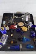COLLECTION OF MIXED SCENT BOTTLES, REPRODUCTION OPIUM BOTTLES, BLUE GLASS EYE BATH, SILVER PLATED