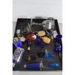 COLLECTION OF MIXED SCENT BOTTLES, REPRODUCTION OPIUM BOTTLES, BLUE GLASS EYE BATH, SILVER PLATED