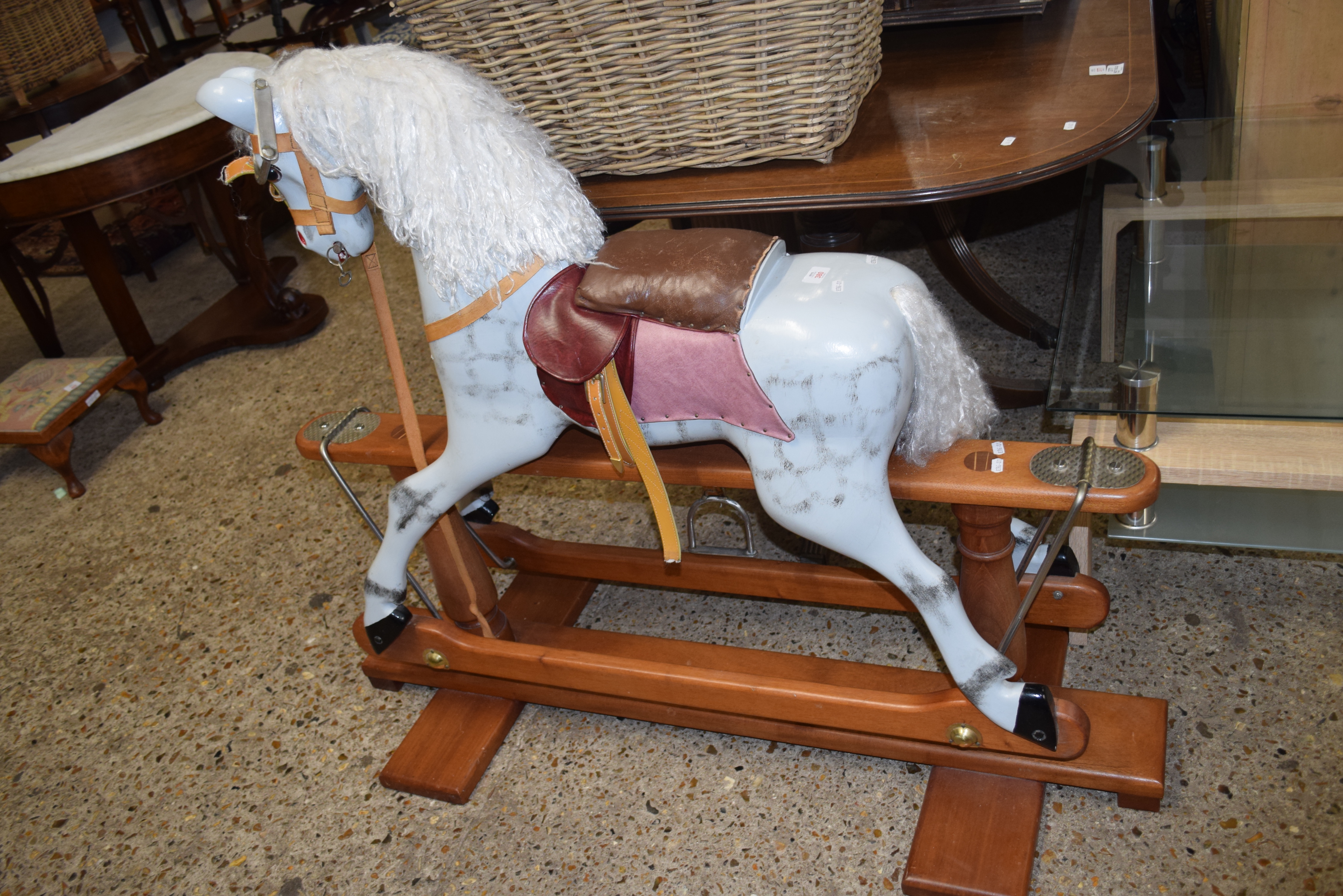 MODERN ROCKING HORSE ON POLISHED HARDWOOD STAND, 100CM HIGH