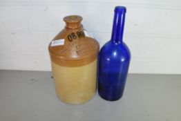 MORGANS BREWERY OF NORWICH FLAGON TOGETHER WITH A BLUE GLASS BOTTLE