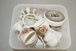 BOX OF CRESTED CHINA WARES PLUS JAMES ATKINSONS BEARS GREASE POT LID ETC