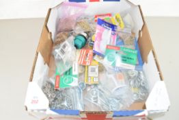 BOX OF PACKETS OF VARIOUS PANEL PINS, WASHERS, VINE EYES ETC