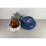 QTY OF DENBY REFLEX BLUE GLAZED PLATES AND SIDE PLATES TOGETHER WITH TWO FURTHER DENBY JUGS AND A