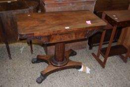 EARLY 19TH CENTURY MAHOGANY FOLDING CARD TABLE RAISED ON CIRCULAR COLUMN AND BASE WITH PAW FEET,