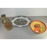 MYOTT MEAT PLATE, A POTTERY WHISKY DECANTER AND A FURTHER BOWL (3)