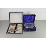 CASE OF SILVER PLATED CUTLERY AND A SILVER PLATED CRUET SET
