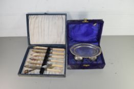 CASE OF SILVER PLATED CUTLERY AND A SILVER PLATED CRUET SET