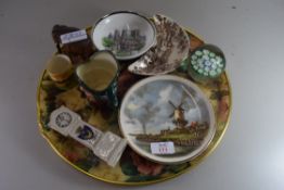 TRAY OF MIXED ITEMS TO INCLUDE A SMALL ROYAL DOULTON CHARACTER JUG, DECORATED PIN TRAYS, SMALL