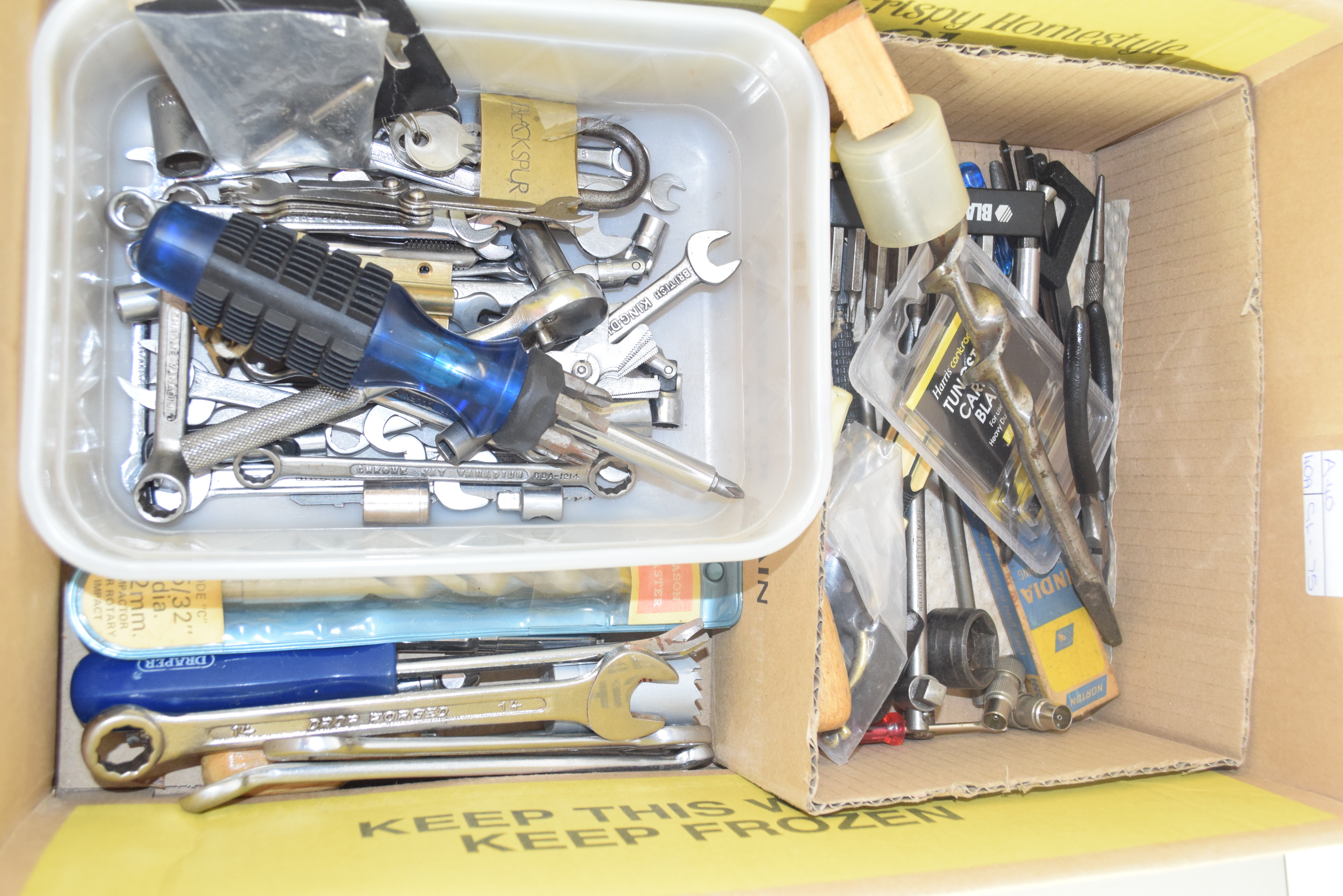 BOX OF SPANNERS, MULTI-HEAD SCREWDRIVER ETC