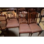 SET OF FIVE EDWARDIAN MAHOGANY DINING CHAIRS WITH STRIPED UPHOLSTERED SEATS